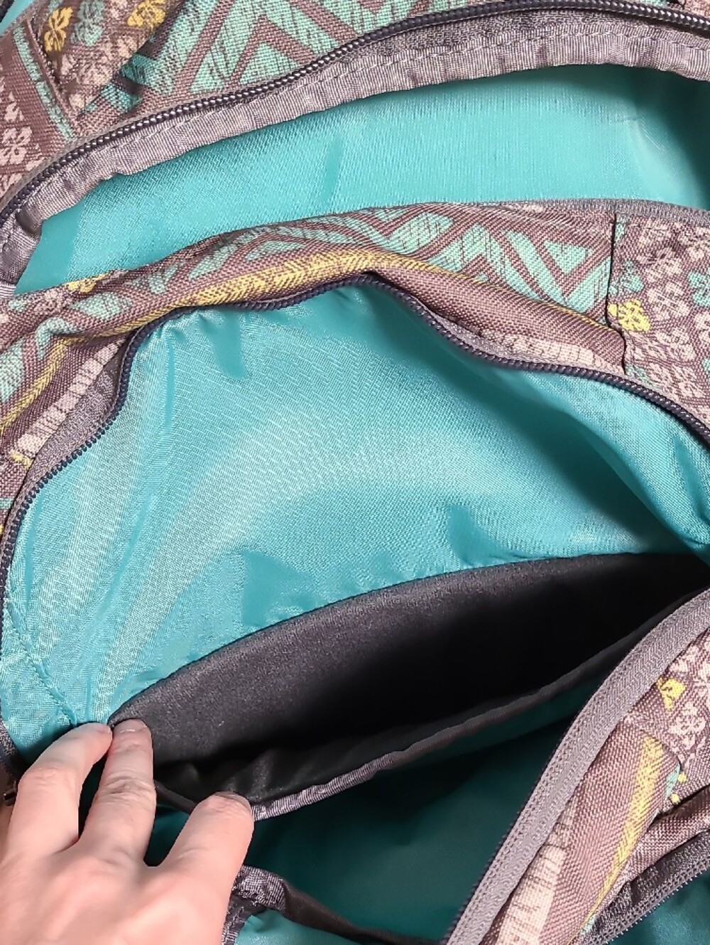 Gray Patterned Backpack with Aqua & Yellow Accents - Picture 5 of 11